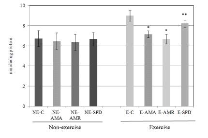Effect of isolated polysaccharide from aboveground part (AMA) and root (AMR) in Astragalus membranceus on MDA concentration in rat skeletal muscle tissues. Eight rats were observed and tested for each group during the experimental period. Data express the mean±S.E. Values with an asterisk above the bar are significantly different by Duncan's multiple range test(*, p ＜0.01; **, p＜0.05) compared the non-exercise or exercise vehicle group.