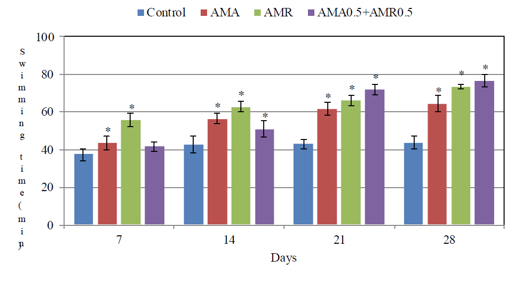 Endurance exercise capacities of isolated polysaccharide from radixs (AMR) and aboveground parts (AMA) of Astragalus membranaceus in experimental mice. Data express the mean±S.D. Values with an asterisk above the bar are significantly different to control by Duncan's multiple range test(p ＜0.05).