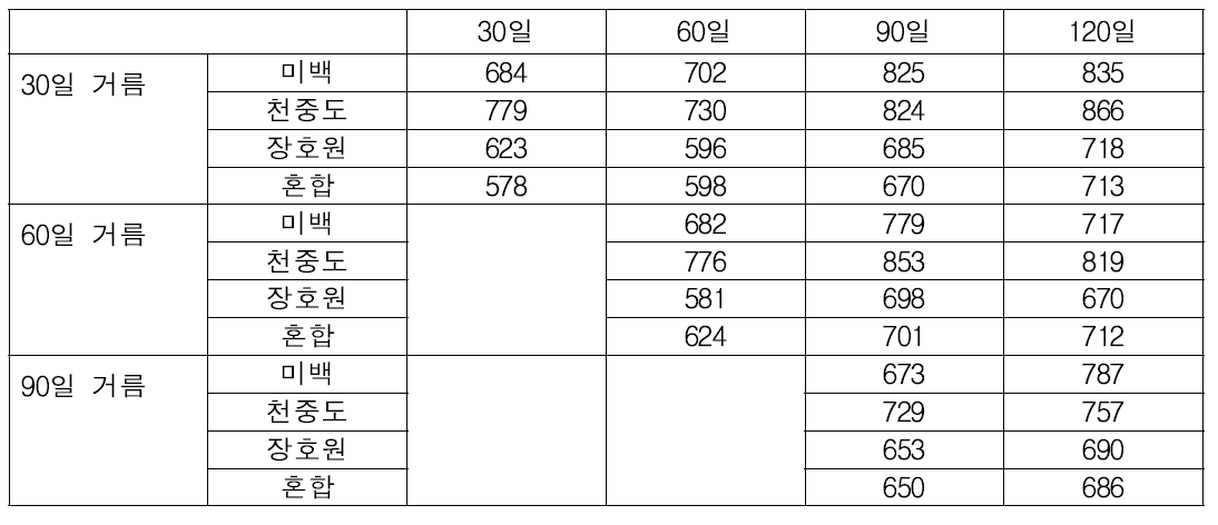 거름 시기, 숙성 시기에 따른 polyphenol(ppm) 변화