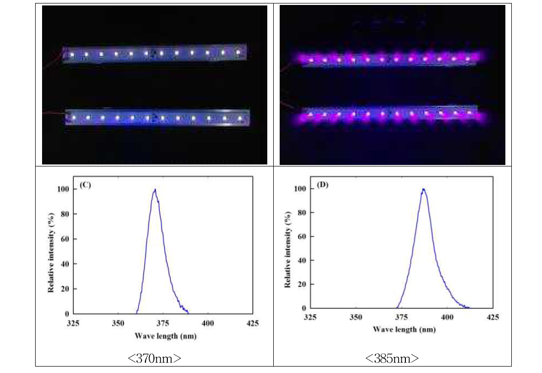 두 종류의 UV-A LED (A; 370nm, B; 385nm)와 각각의 광 스펙트럼
