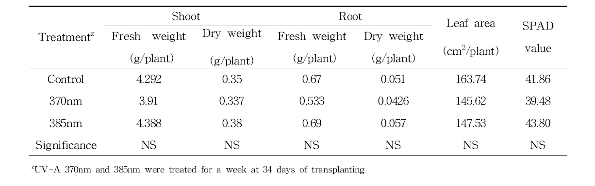 Growth characteristics of pepper plants treated with UV-A 375 and 385nm at 1 week after the start of UV-A irradiation (n=5).