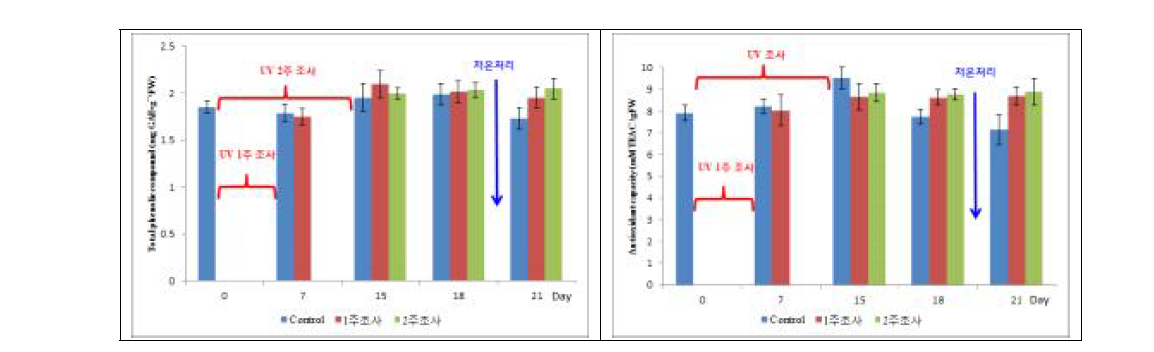 UV-A LED(385nm) 조사에 따른 총페놀농도(좌)와 항산화도(우)