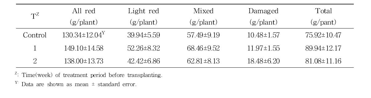 Total fruit yield of pepper plants treated with UV-A LED(380nm) at 90, 111, and 134 days of transplanting.