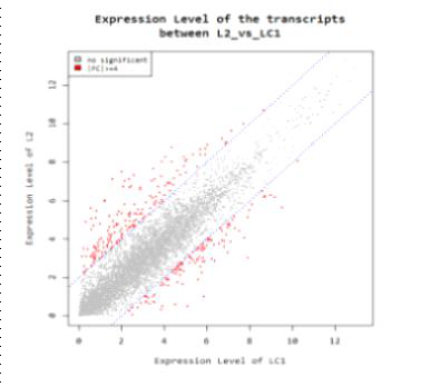 Comparison of gene expression level between low temperature treatment (L2) and control(LC1). Red dots indicates the genes showed significant gene expression change (fold change >= 4)