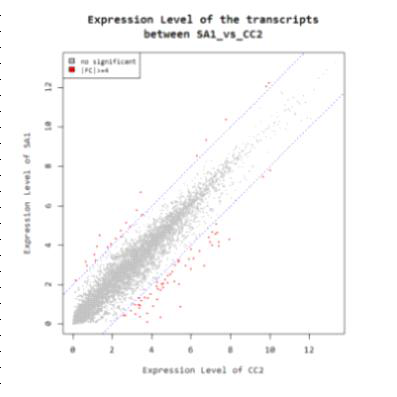 Comparison of gene expression level between salicylic acid treatment (SA1) and chemical control(CC2). Red dots indicates the genes showed significant gene expression change (fold change >= 4).