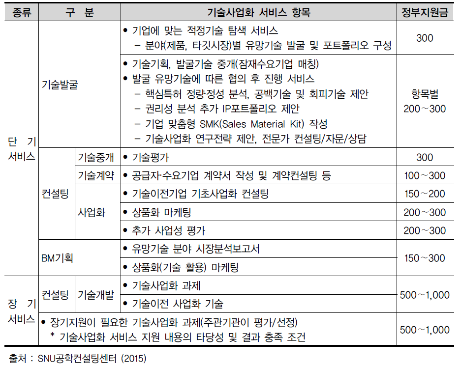 기술사업화 서비스 항목 및 정부지원금 (예시)