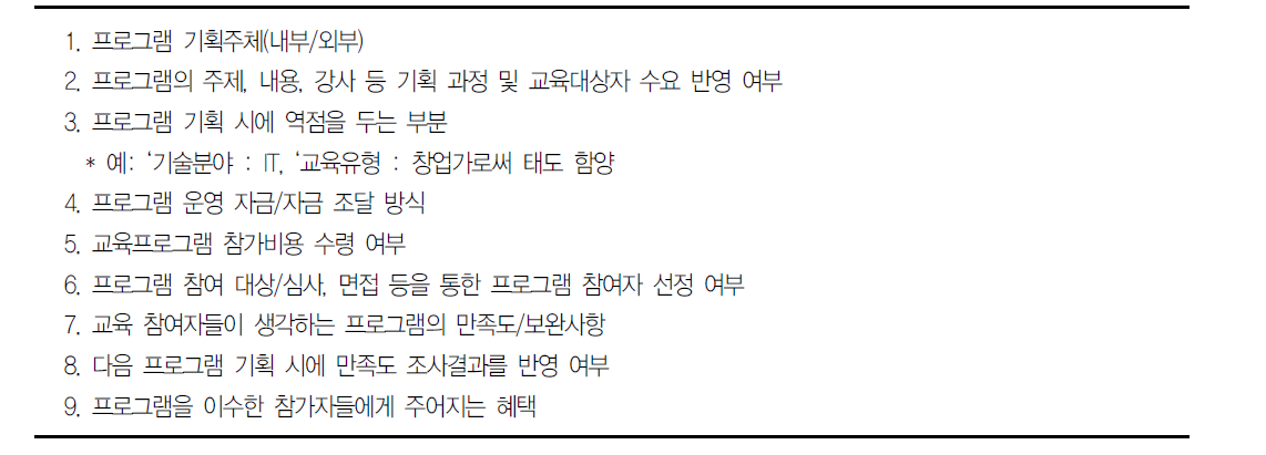 대구･대전･서울 센터의 창업교육프로그램 파악을 위한 인터뷰 조사항목