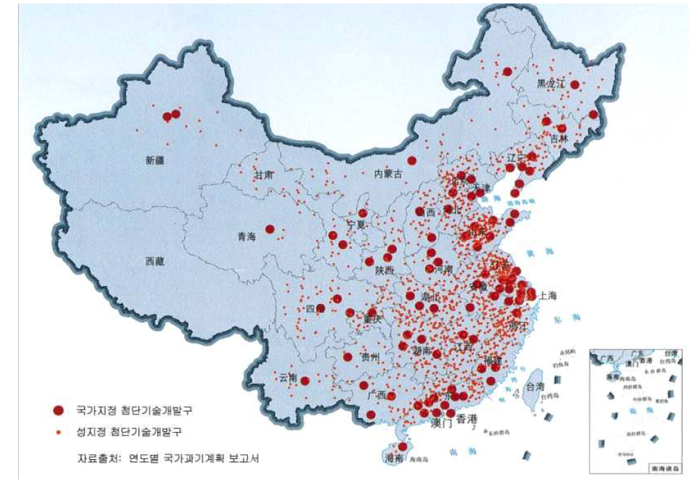 중국 하이테크기술산업단지의 지역별 분포현황
