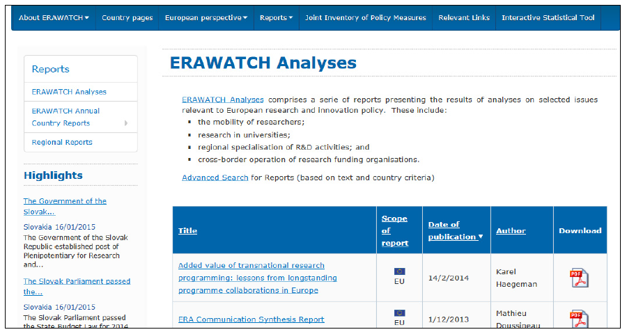 ‘ERAWATCH’ 사이트의 보고서 목록