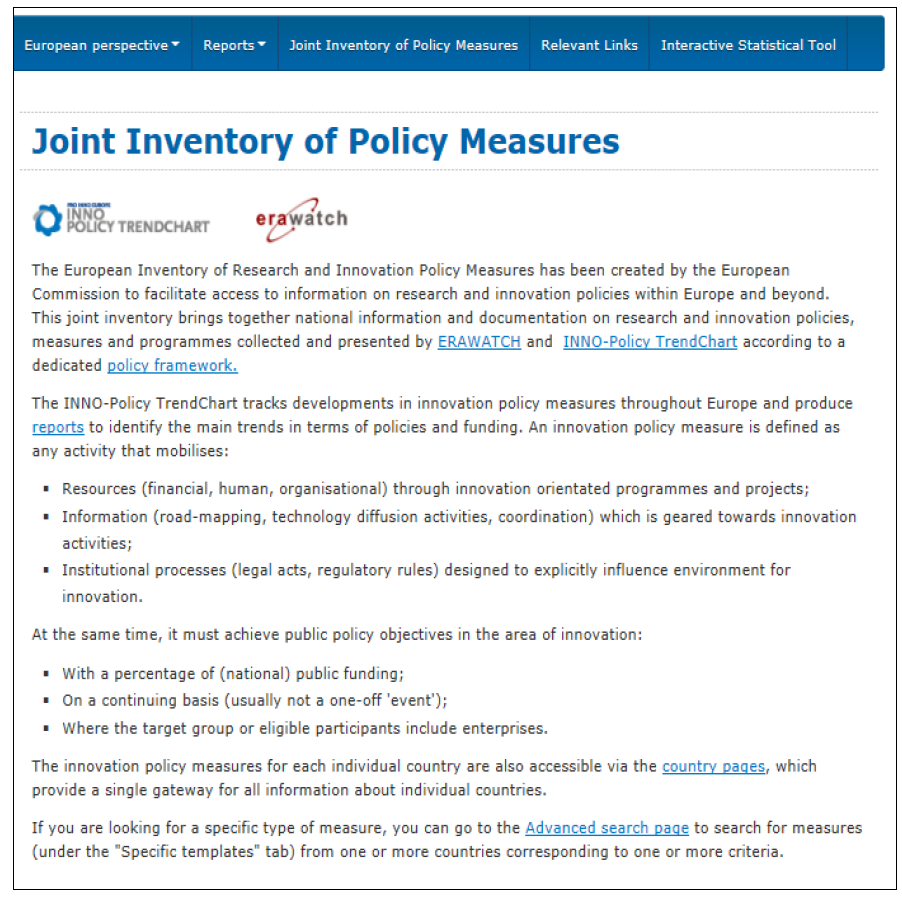 ‘ERAWATCH’ 사이트의 ‘Joint Inventory of Policy Measures’