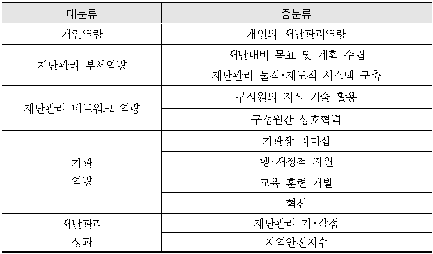 재난관리역량 평가 항목 대･중분류 구분