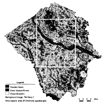 Landsat TM 영상으로부터의 분류된 범람지역