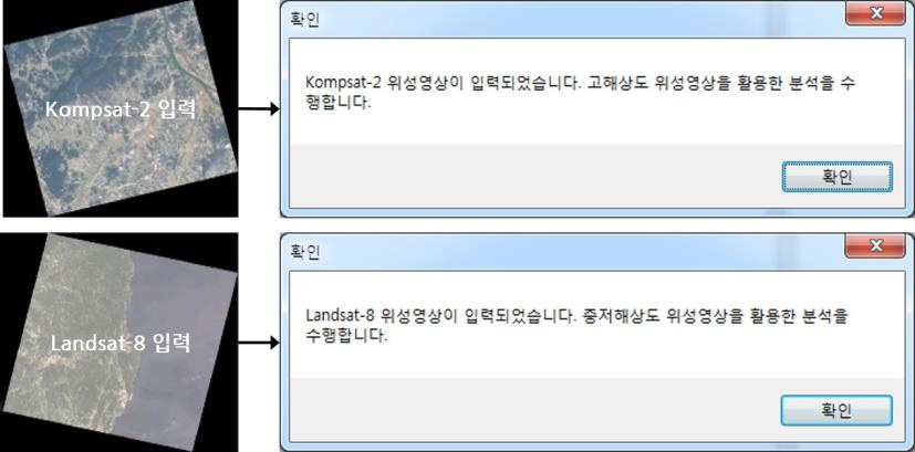 위성영상의 종류에 따른 메시지박스 출력