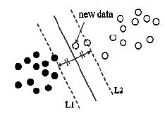 SVM의 개념: 두 집단 훈련데이터의 인접한 패턴을 통해 정의된 support vector (동일 길이 화살표)들을 기반으로 한 classifier (실선)