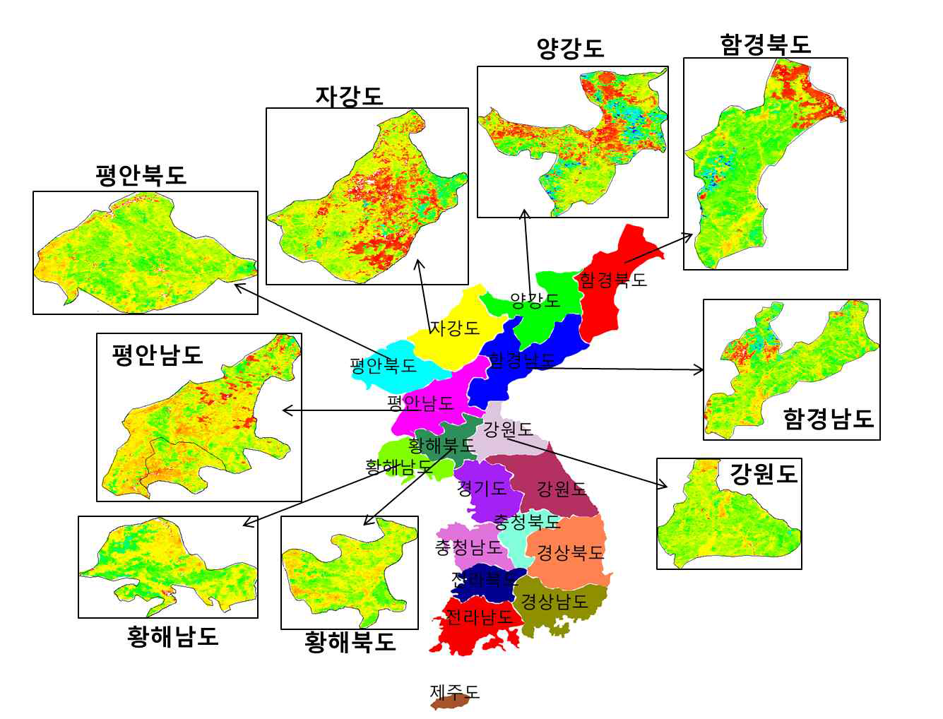 산정된 COMS VCI의 북한지역 도별 분할