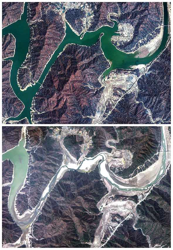 KOMPSAT-3호 위성영상으로 촬영한 소양강댐 영상 (위: 2012년 4월, 아래: 2015년 3월 22일)