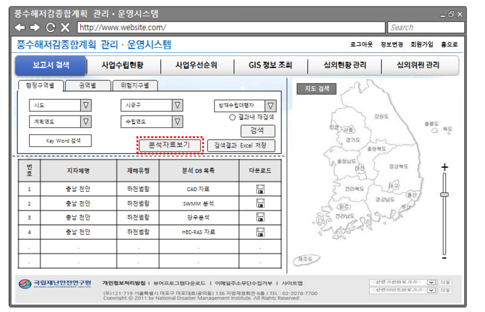 풍수해위험지구 분석자료 조회 및 다운로드 화면