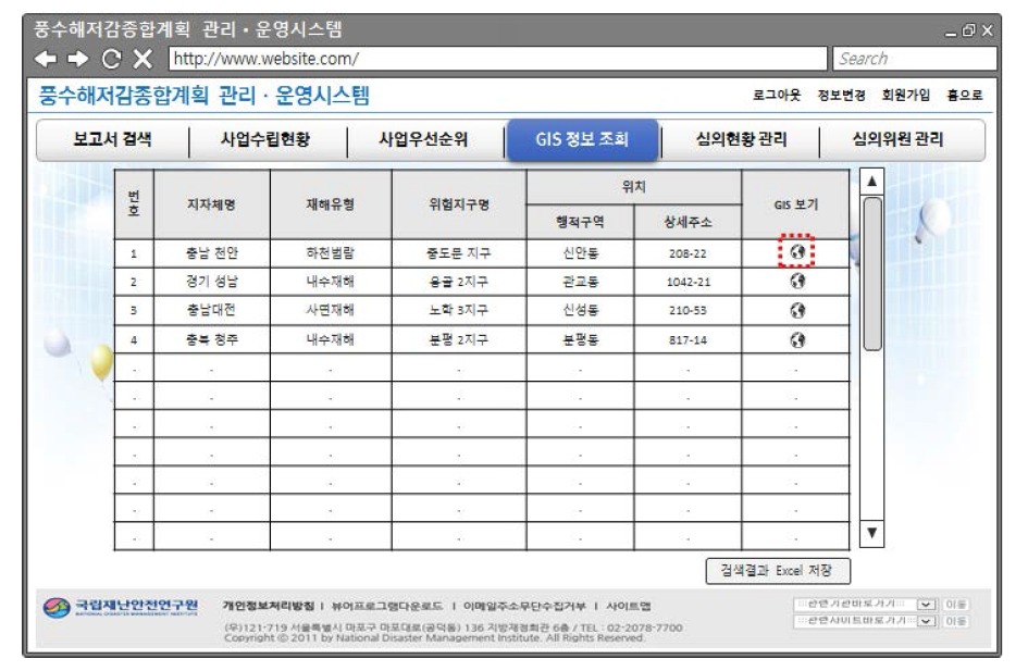 풍수해위험지구 GIS 정보 조회 화면