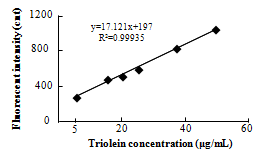 Linear correlation between fluorescence intensity and triolein concentration.