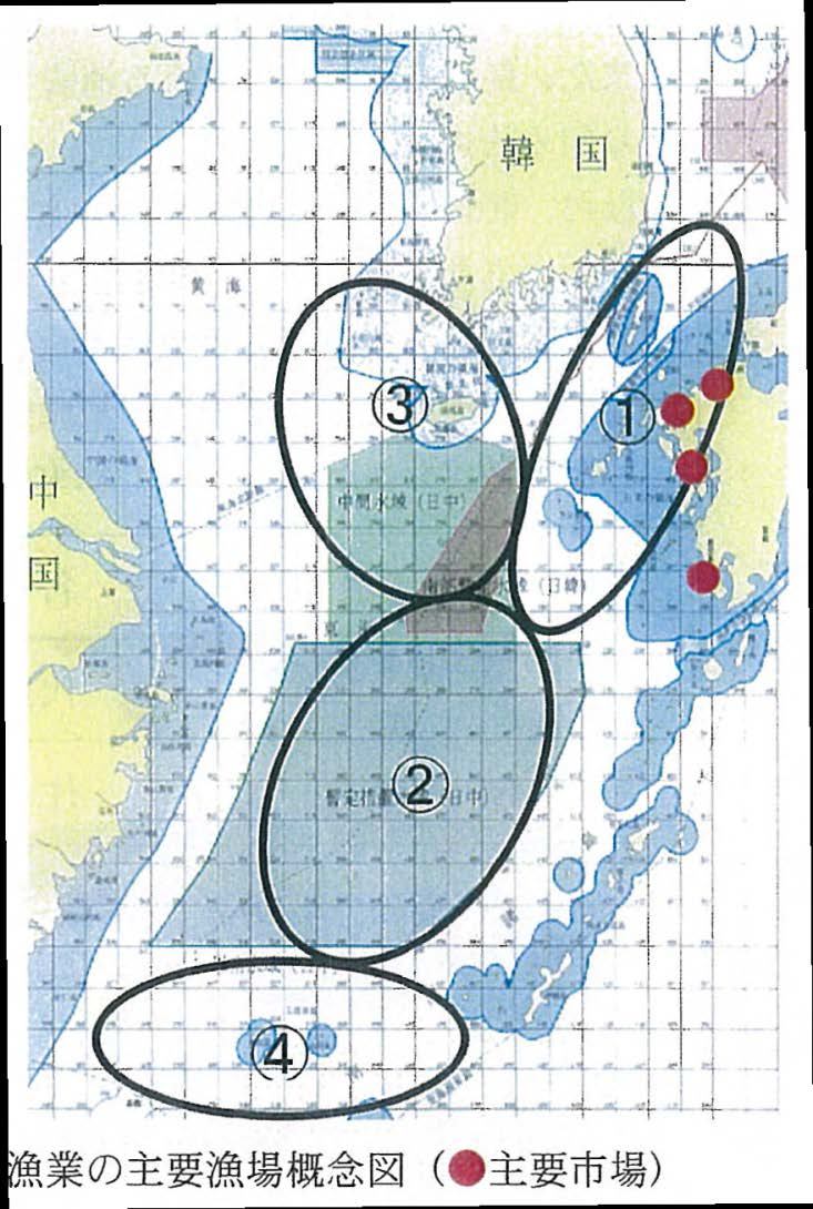 동중국해에서의 대중형 선망어업의 주요 어장 개념도