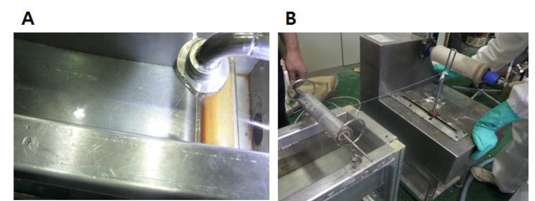 (A) Mono filament가 방사되는 모습 (B) Mono filament를 권취기에 감는 모습