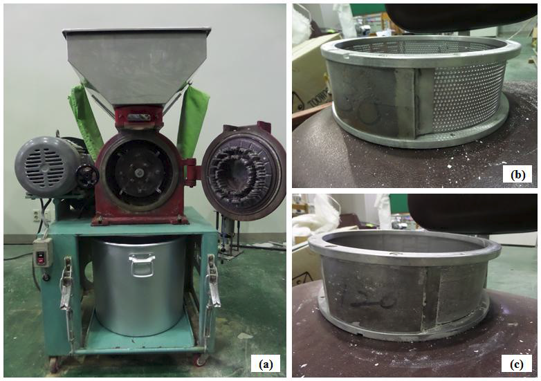 Pin milling M/C (DAEHWA, 곡물분쇄기, Korea). (a) 분쇄기, (b) 30 mesh, (c) 120 mesh.