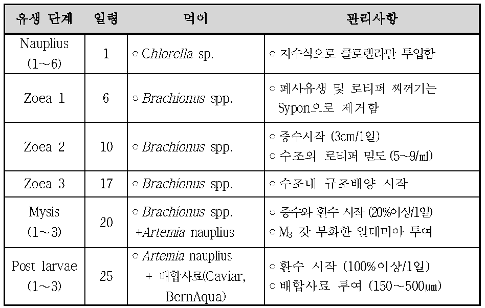 대하의 유생 성장 단계별 먹이 및 관리사항