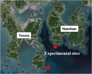 Experimental sites of fishing performance on the biodegradable net in Yeosu and Namhae.