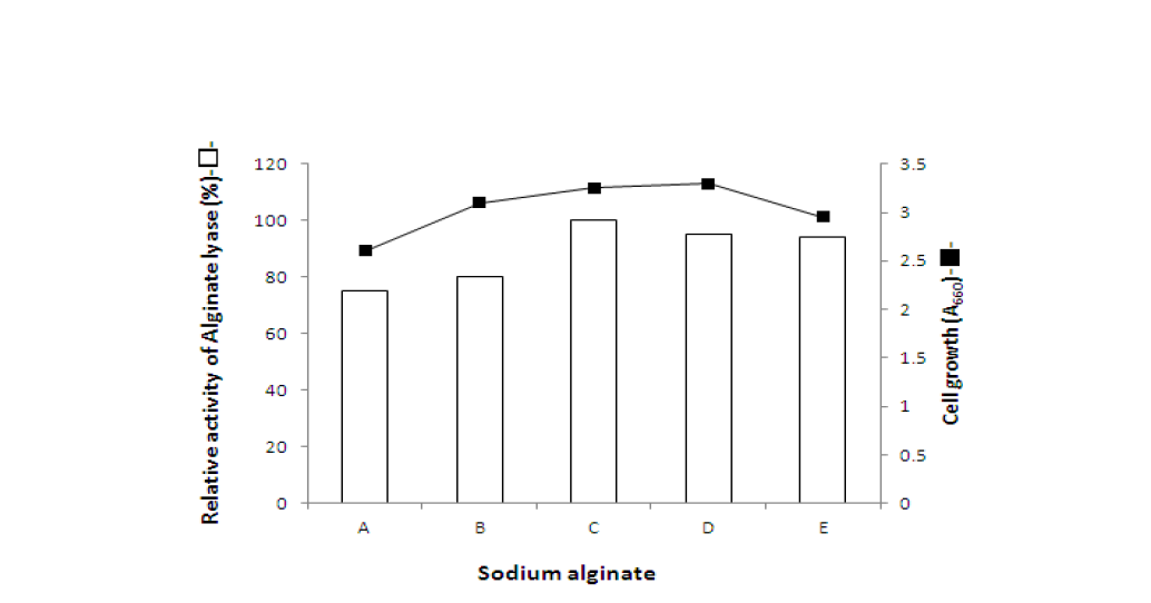 The effect of alginate concentration on cell growth(line) and activity(bar) of raw enzyme of B. subtilis KCTC 11872BP (A:1%, B:2%, C:3%, D:5%, E:10%).