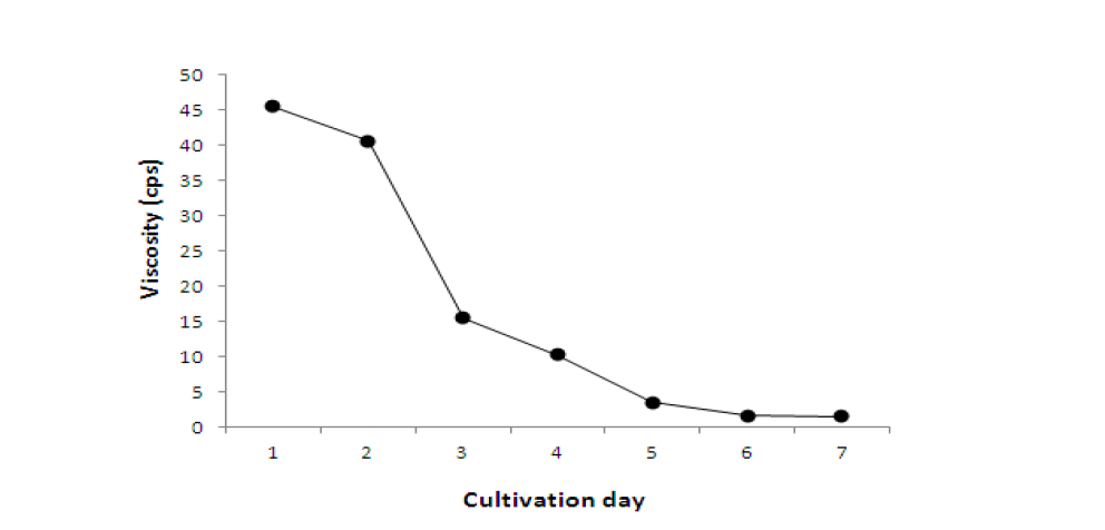 Viscosity changes during incubation with the 1% sodium alginate and B. subtilis KCTC 11872BP.