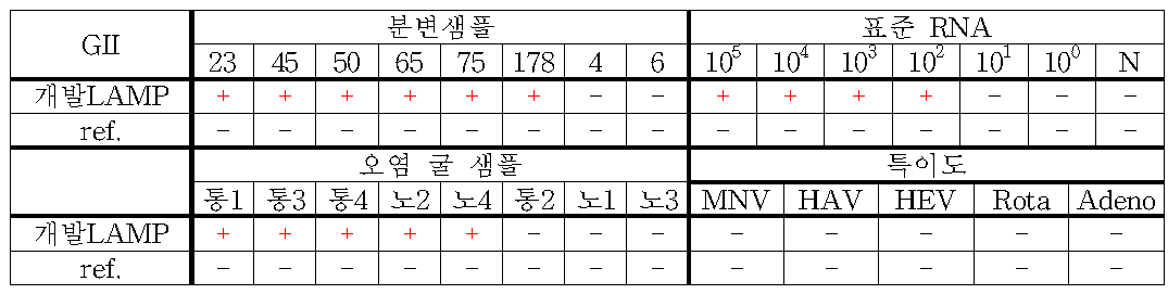 선행 norovirus LAMP 검출키트와 개발한 LAMP 검출키트 비교 (norovirus GII)