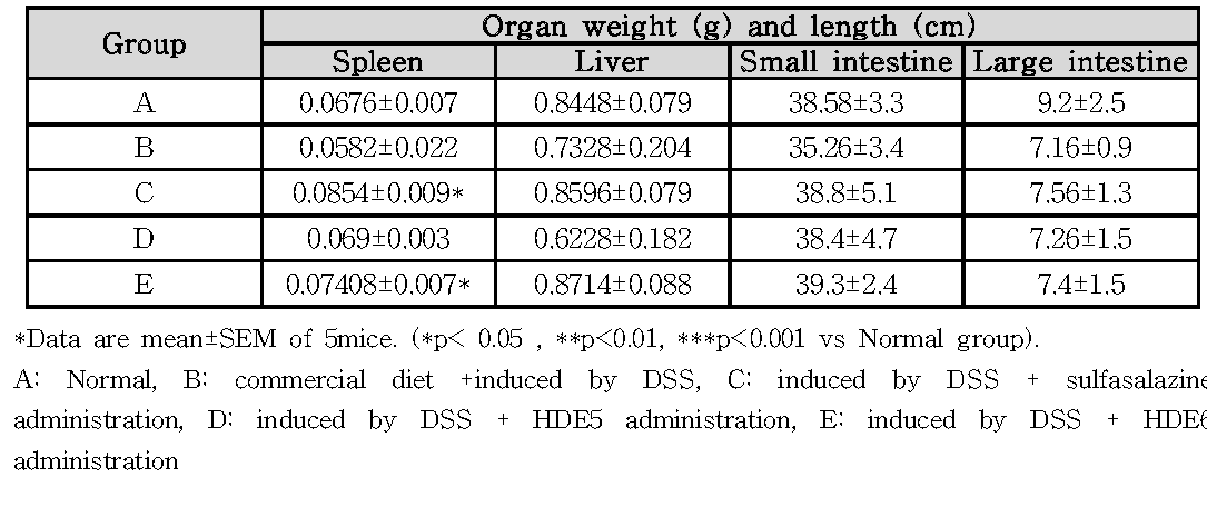 Effect of HDE mixture on organ weight and intestine length of mice.