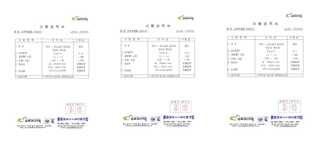 기능성 식품소재인 전복추출물의 Batch별 품질 시험성적서