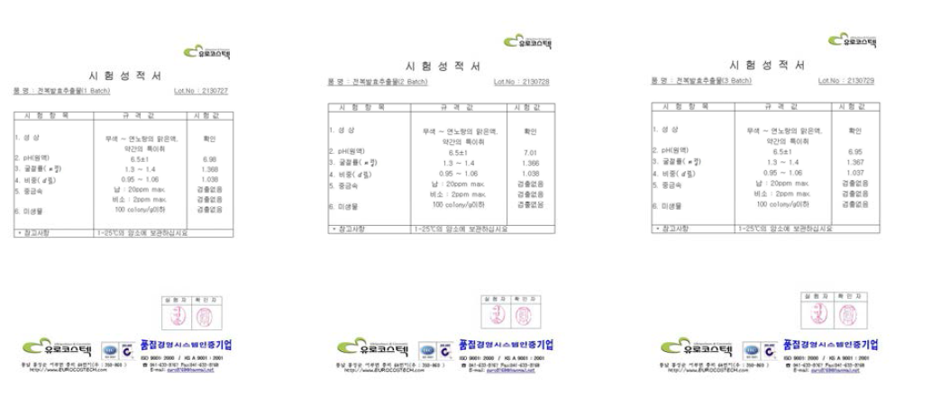 기능성 화장품소재인 전복발효추출물의 Batch별 품질 시험성적서