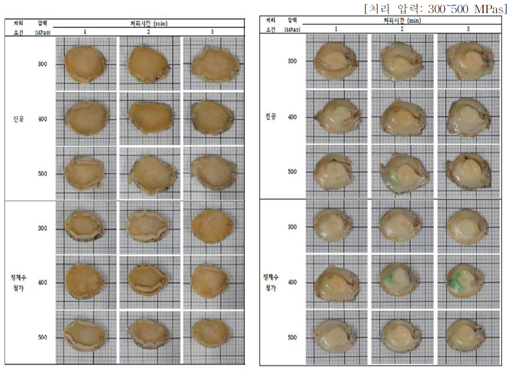 초고압 처리 전복의 탈각 후 형태 비교