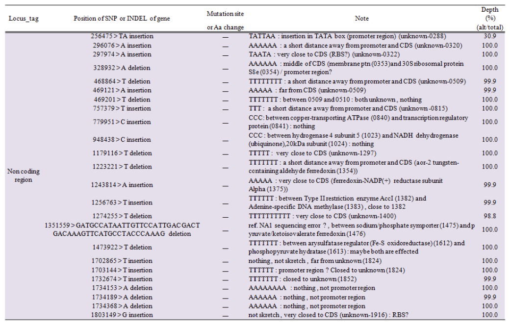 우수균주 WTC156T의 유전체 분석을 통해 나타난 non-coding sequence에서 변이가 발견된 유전자 리스트