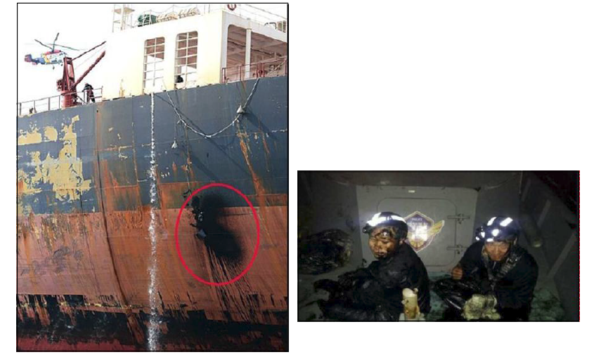 대형 화물선 “Captain Vengelis L호”의 선체파공과 기름 유출을 봉쇄한 부산 해경서 특수 특구대 대원