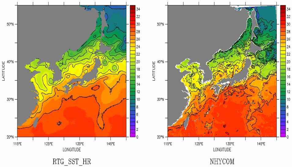 위성 관측 표층 수온(좌, NOAA RTG_SST_HR)과 NCODA+HYCOM(우)의 정성적 비교 (2010년 9월 30일)