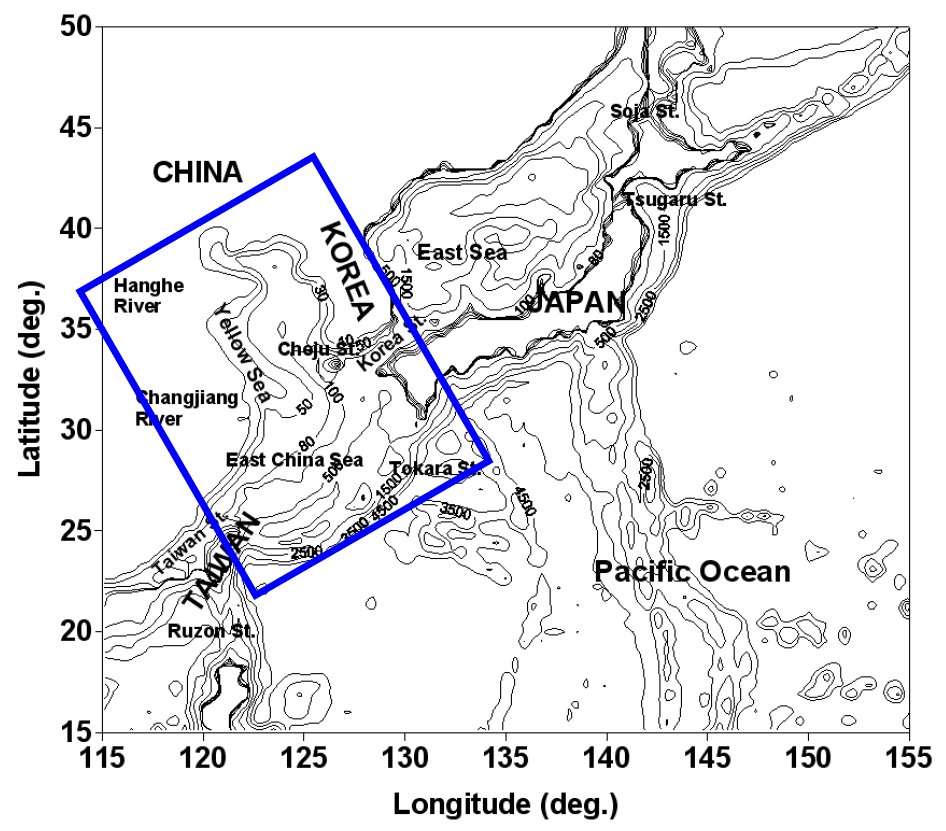 북서태평양 모델 영역 및 내삽 한 모델 영역 (파란 상자)