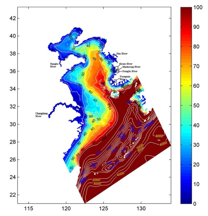 모델 영역의 수심(m) 및 강물 방류 지점