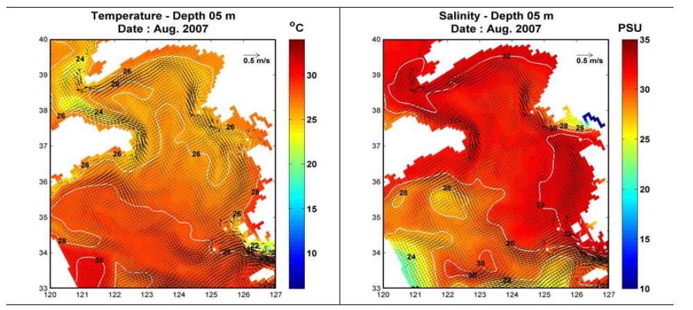 2007년 8월 표층 수온, 염분 및 해류 분포