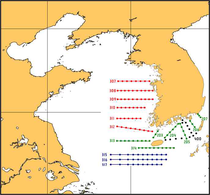 황동중국해에서 국립수산과학원이 CTD 관측한 정선 위치