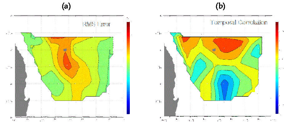 3차원변분동화기법에 의한 해양재분석 자료와 PIES 관측 자료로부터 얻어진 100m 수심 수온의 RMS 오차 (a) 와 시간 상관도 (b)