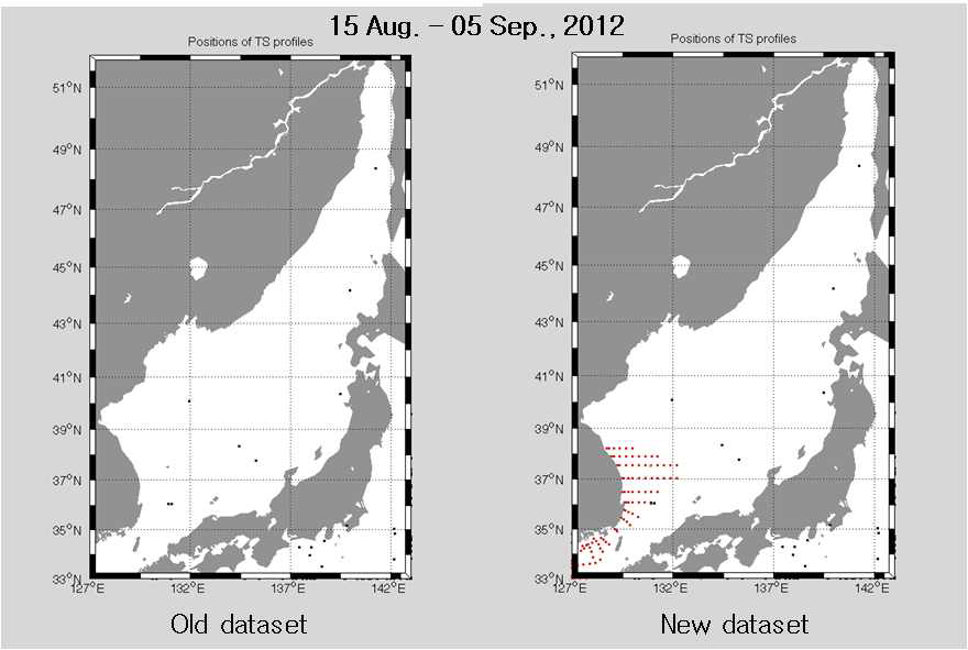ARGO 자료만을 포함한 수온프로파일의 정점 위치도 (왼쪽)와 국립수산과학원 준실시간 자료를 포함한 수온프로파일의 정점 위치도 (오른쪽). 2012년 8월 15일부터 9월 5일까지