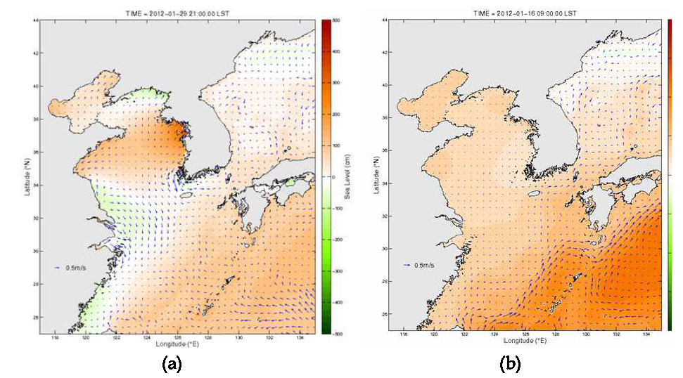 72시간 정기예측 결과의 예, (a) 표층 유속 및 해면 변위, (b) 표층 해류 및 SSH