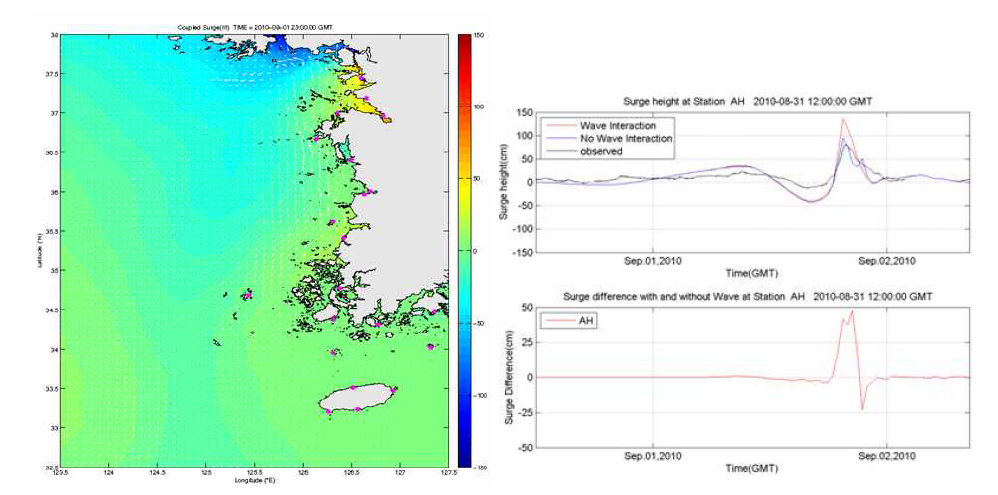 태풍 곤파스 내습시 폭풍해일고 분포(2010.09.01 23:00 GMT), 좌:유의파고 분포, 우: 안흥 조위관측지점의 해일고 시간분포(wave couple 시 더 큰 해일고가 모의된다)