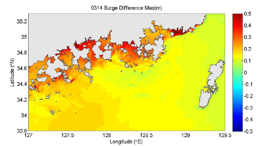 태풍 매미 기간 중 지역별 해일고 증가량(m)의 최대값 분포