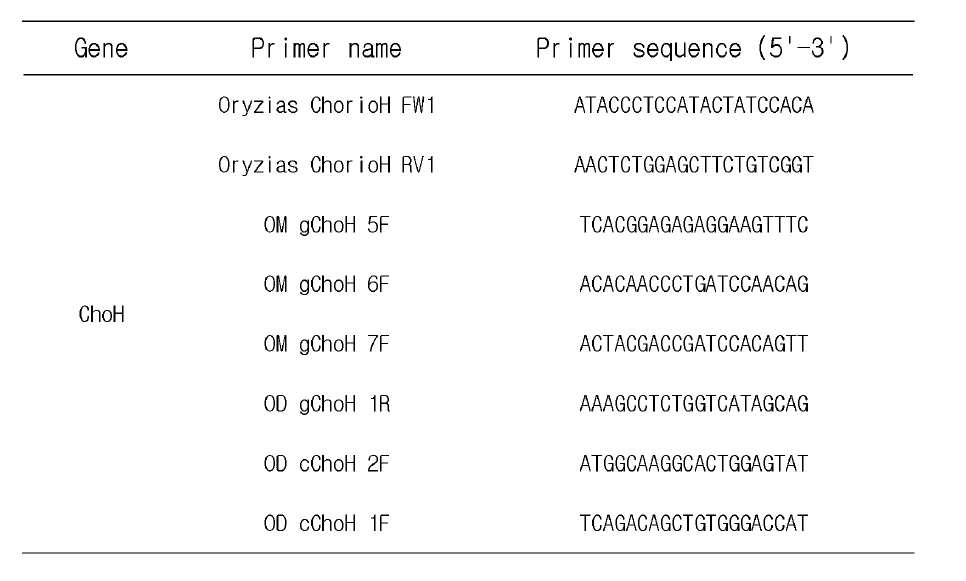 Choriogenin H 유전자 클로닝에 사용한 primer list