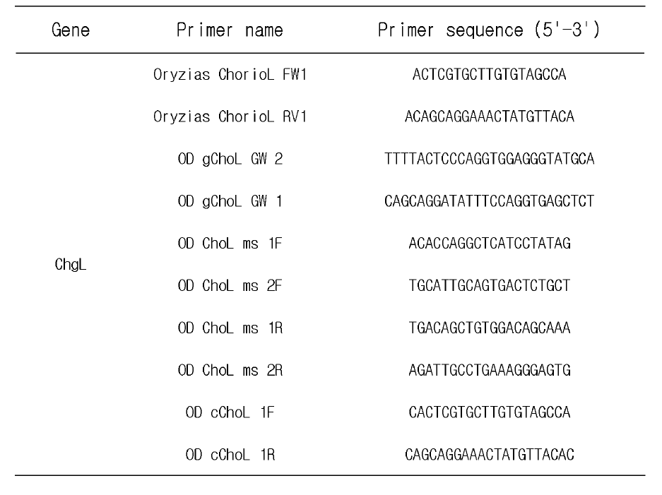 Choriogenin L 유전자 클로닝 에 사용한 primer list