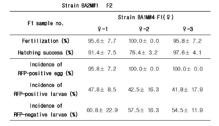 Strain BA2M#1 F1 (♀)의 F2 유전자 전달 빈도